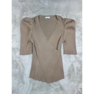 Thinkable Ribbed Wrap Top V-Neck Puff Sleeve Neutral Color Women's Size L